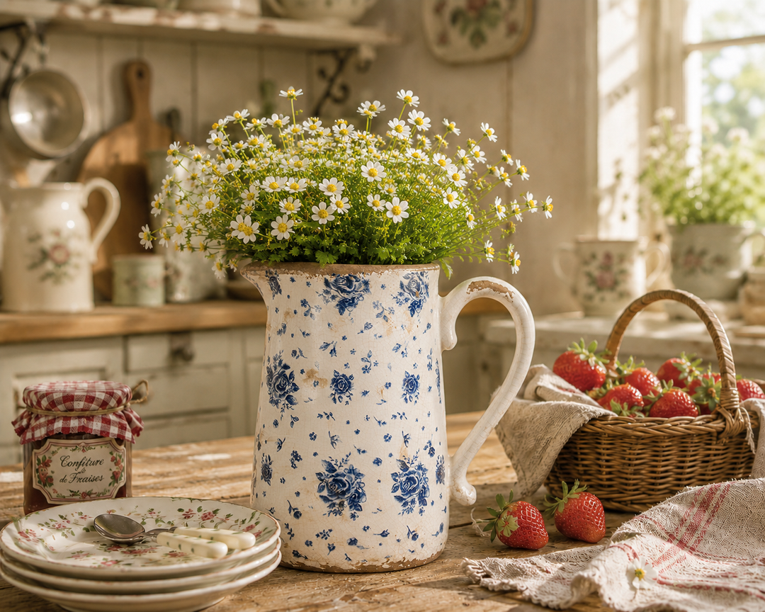 Clayre & Eef Keramikkanne mit blauem Rosenmuster als Landhaus Dekoration mit Erdbeeren und weißen Blumen