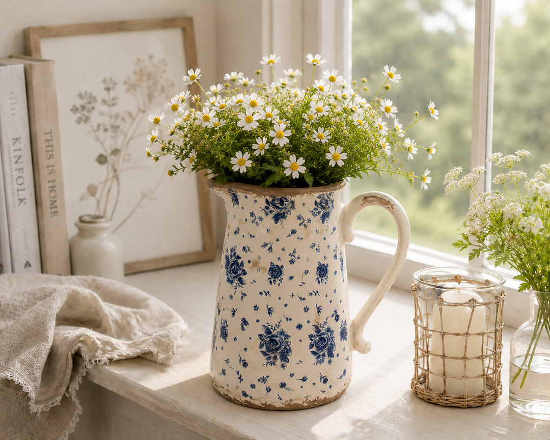 Clayre & Eef Kanne mit blauem Rosenmuster im Shabby Chic Stil dekoriert mit weißen Blumen auf heller Fensterbank
