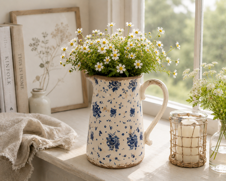 Clayre & Eef Kanne mit blauem Rosenmuster im Shabby Chic Stil dekoriert mit weißen Blumen auf heller Fensterbank