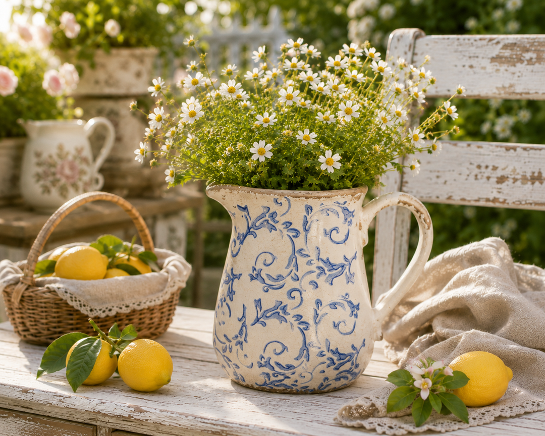 Clayre & Eef Kanne Blau Weiß mit Margeriten und Zitronen auf romantischem Gartentisch im Landhausstil