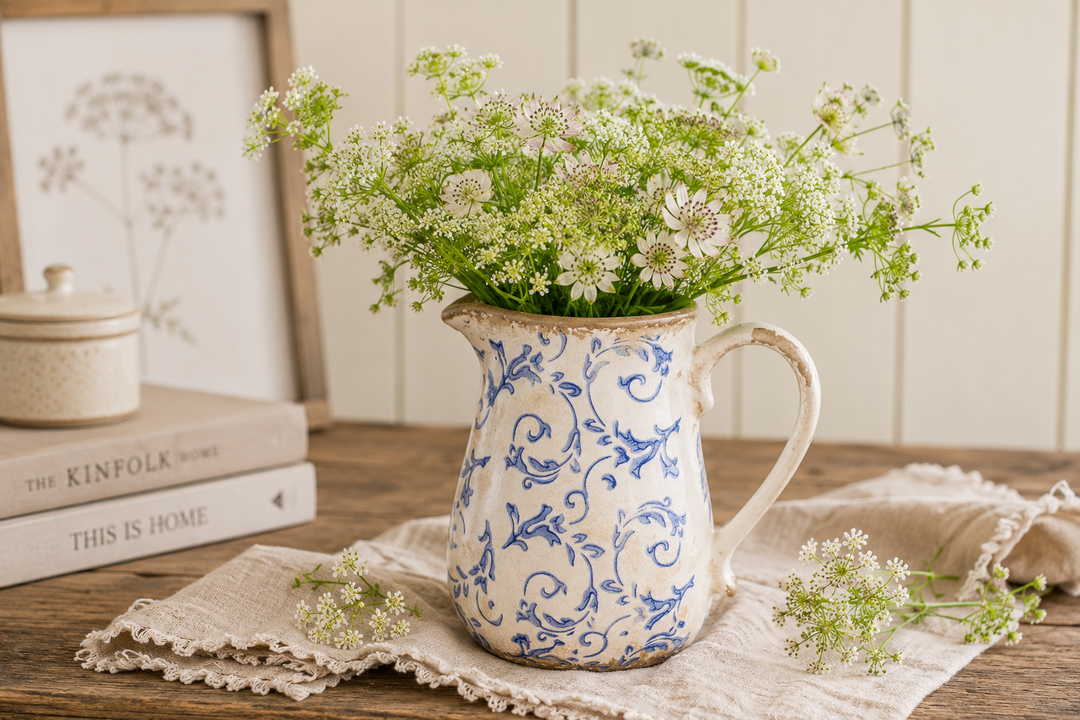 Clayre & Eef Kanne Blau Weiß im Vintage Landhausstil mit weißen Blumen auf rustikaler Fensterbank dekoriert