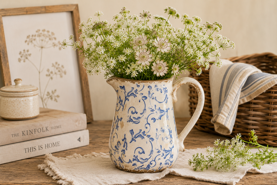 Clayre & Eef Kanne Blau Weiß als Vintage Dekoration auf rustikalem Holztisch mit Kerze und Landhaus Ambiente