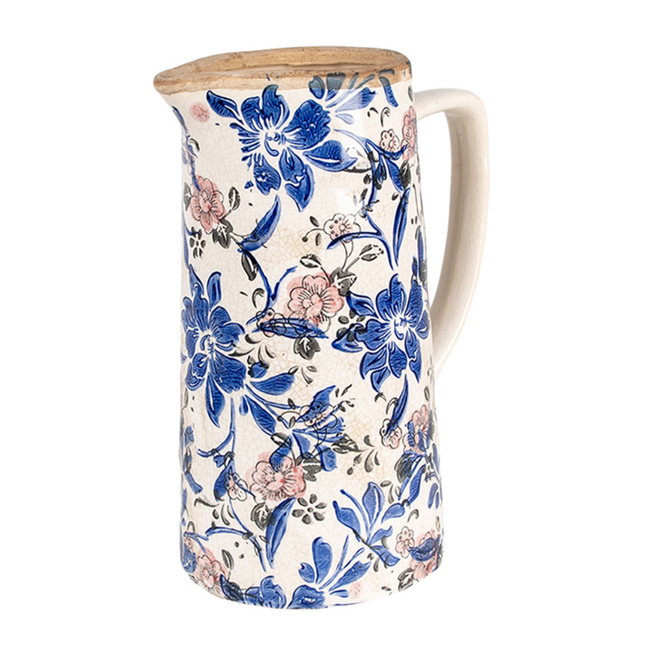 Clayre & Eef Blumenkrug Keramik Blau Beige mit Blumenmotiv seitliche Ansicht mit Ausguss