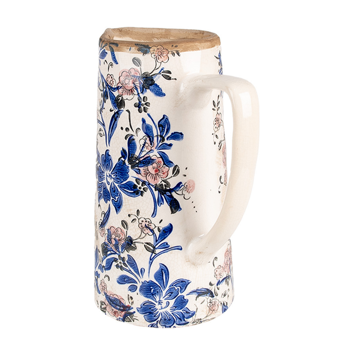 Clayre & Eef Kanne Blumenkrug Blau Beige Keramik mit floralem Muster Frontansicht mit Henkel