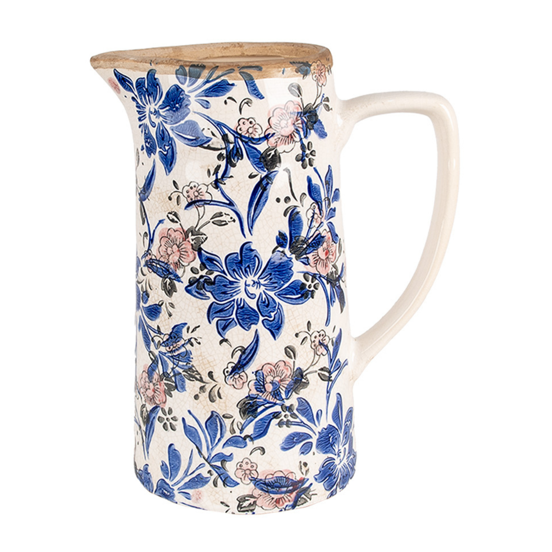Clayre & Eef Kanne im Landhausstil Blau Beige Keramik mit floralem Muster Gesamtansicht