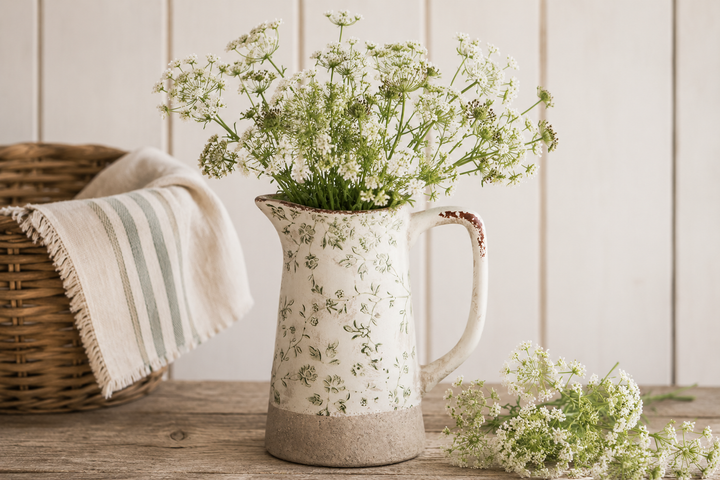 Clayre & Eef Vintage Kanne mit Blumenmotiv auf Fensterbank mit Wildblumen und Kerzenglas im Shabby Chic Stil