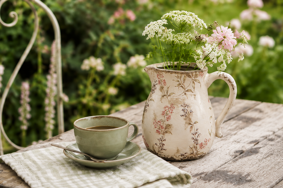 Clayre & Eef Kanne mit Blumenmuster als romantische Gartendekoration im französischen Landhausstil mit Wildblumen und Keramiktasse