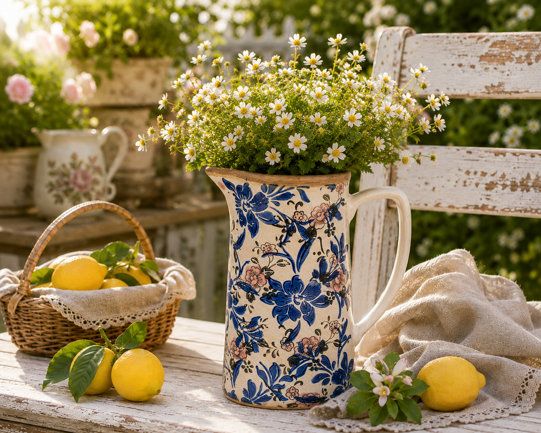 Große Clayre & Eef Keramikkanne mit blauem Blumenmuster und weißen Margeriten auf sommerlicher Terrasse mit Zitronen und Landhaus Dekoration