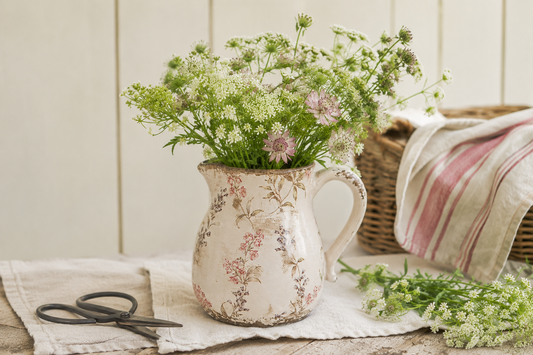 Clayre & Eef Kanne mit floralem Muster auf einem romantischen Frühstückstisch im Shabby Chic und Landhausstil