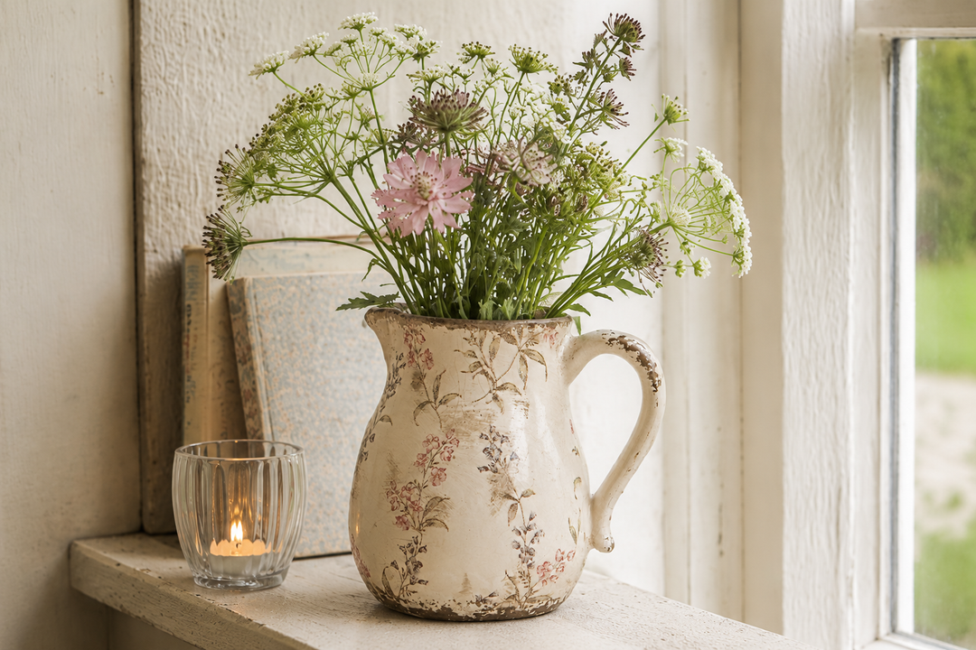 Clayre & Eef Kanne mit Blumenmuster im Vintage Landhausstil auf einer hellen Fensterbank mit frischen Blumen dekoriert