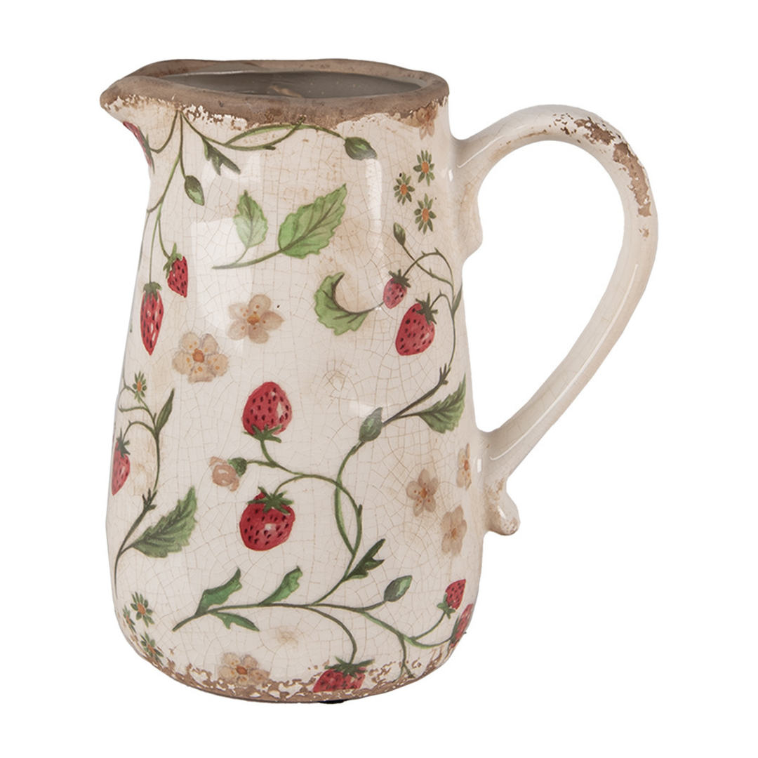 Detailansicht Clayre & Eef Blumenkrug Erdbeerenmotiv Rot Beige Keramik Vintage Stil