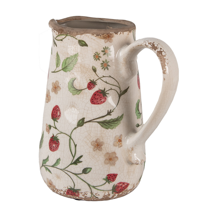 Detailansicht Clayre & Eef Blumenkrug Erdbeerenmotiv Rot Beige Keramik Vintage Stil
