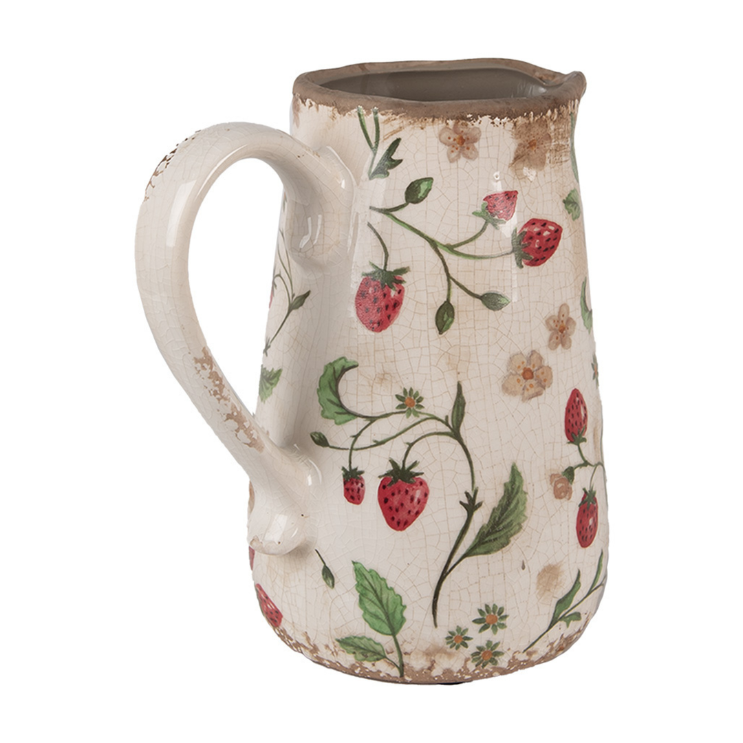 Clayre & Eef dekorative Kanne mit Erdbeerenmotiv Rot Beige Keramik seitliche Ansicht