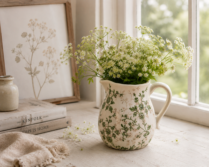 Clayre & Eef Vintage Kanne mit grünem Blumenmuster auf rustikalem Holztisch im skandinavischen Landhausstil