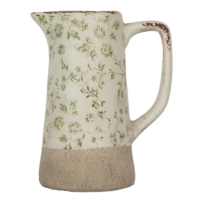 Clayre & Eef Kanne grün beige mit Blumenmotiv aus Keramik im Shabby Chic Stil Frontansicht