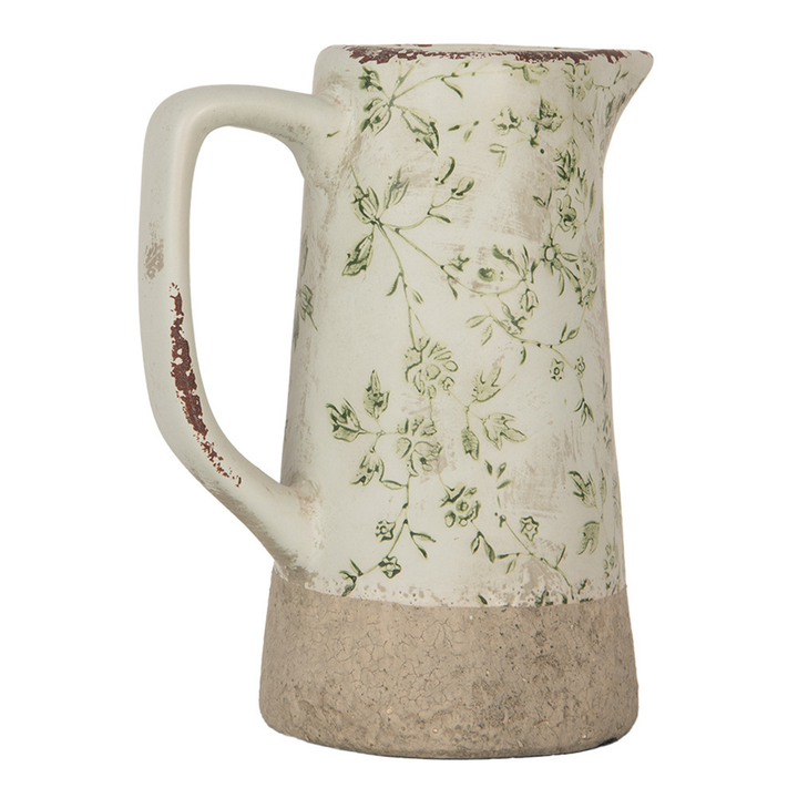 Clayre & Eef Keramik Kanne grün beige mit floralem Muster im Shabby Chic Stil Seitenansicht