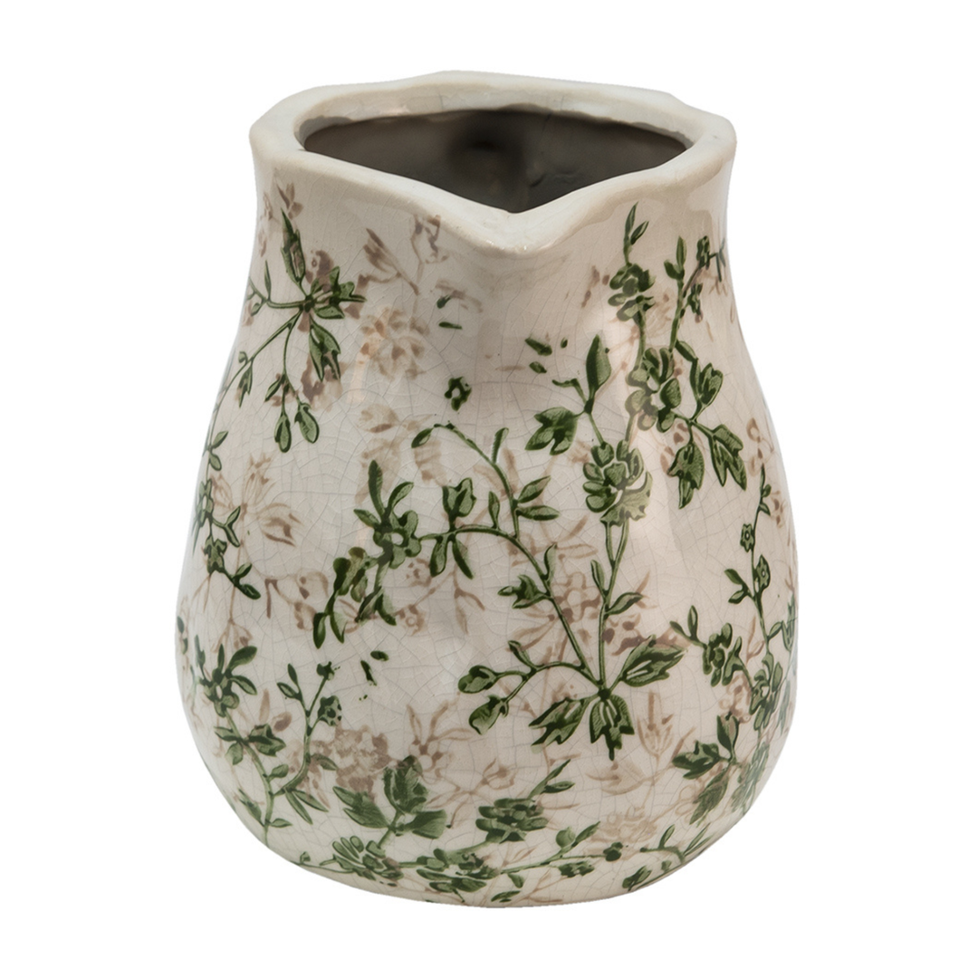 Clayre & Eef Kanne Grün Beige mit Blumenmotiv Keramik Landhausstil Frontansicht
