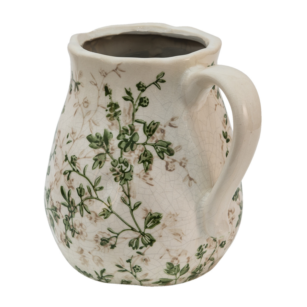 Clayre & Eef Kanne Blumenmotiv Grün Beige Keramik Detailansicht Ausguss und Form
