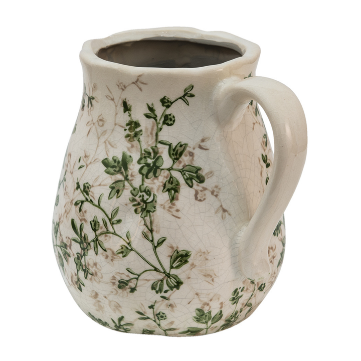 Clayre & Eef Kanne Blumenmotiv Grün Beige Keramik Detailansicht Ausguss und Form