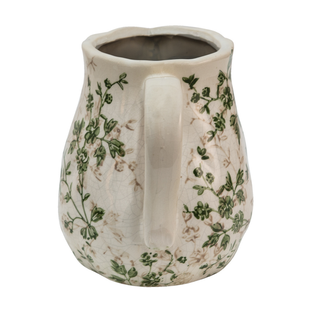 Clayre & Eef Blumenkrug Grün Beige mit Blumenmotiv Keramik Rückansicht Griff mittig