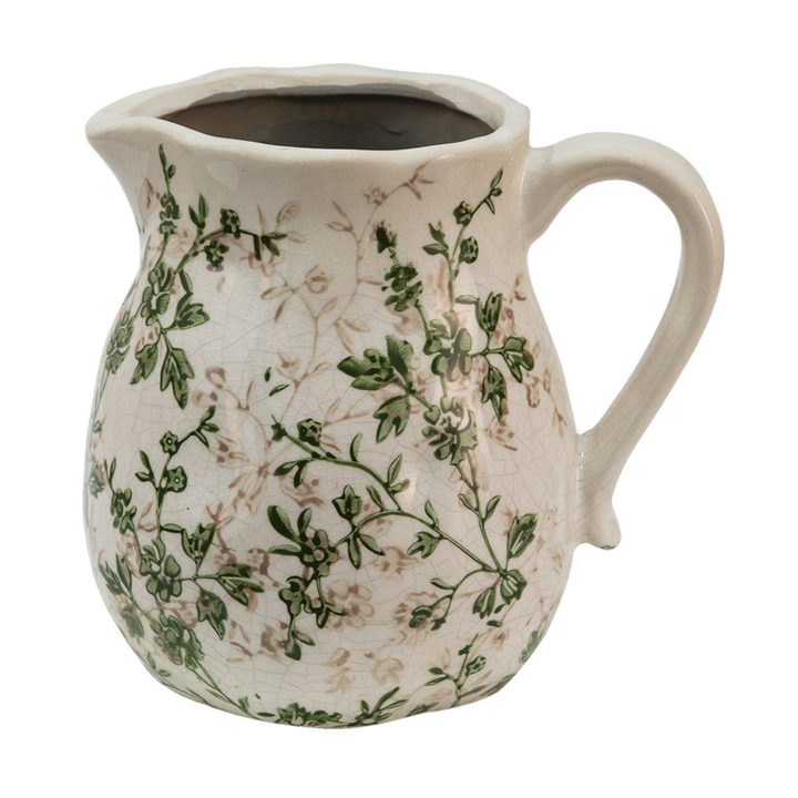 Clayre & Eef dekorative Kanne Blumenmotiv Grün Beige Keramik seitliche Ansicht mit Griff