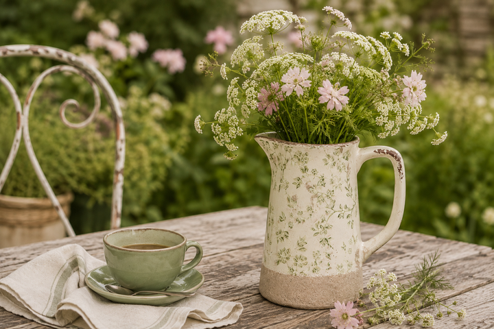 Clayre & Eef Kanne mit grünem Blumenmuster als romantische Gartendekoration mit Blumenstrauß und Kaffeetasse im Landhausstil