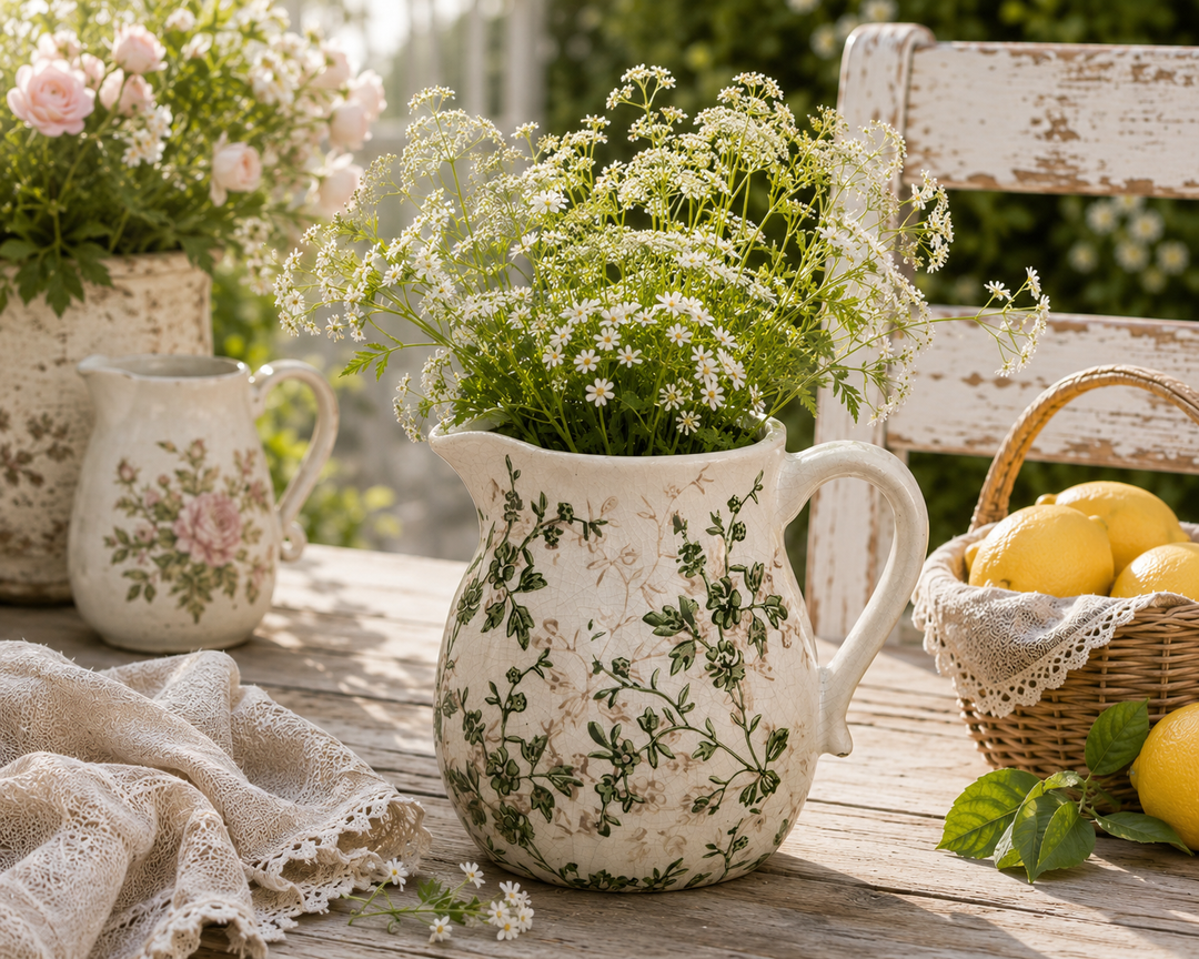 Clayre & Eef Keramikkanne mit grünem Blumenmuster im romantischen Gartenstil mit weißen Sommerblumen