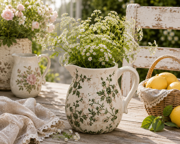 Clayre & Eef Keramikkanne mit grünem Blumenmuster im romantischen Gartenstil mit weißen Sommerblumen