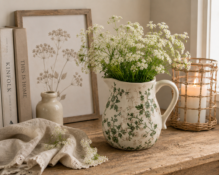 Clayre & Eef Kanne mit gruenem Blumenmuster als Vintage Landhausdeko am Fenster mit Blumen und Kerzenlicht