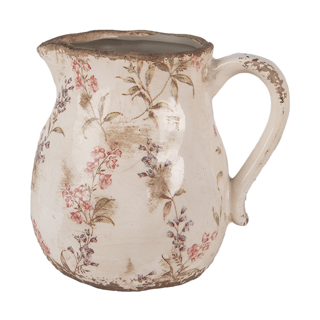 Clayre & Eef Kanne Rosa Beige mit Blumenmotiv Keramik Landhausstil Frontansicht