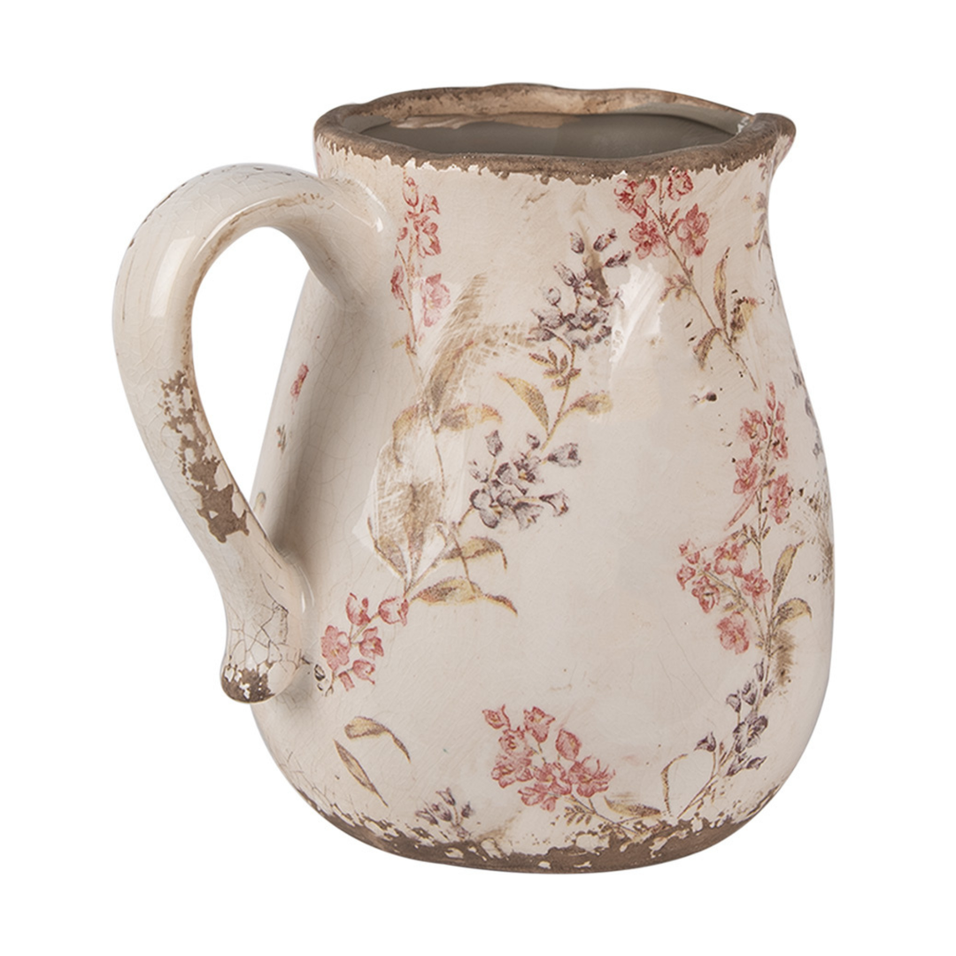 Clayre & Eef dekorative Kanne Blumenmotiv Rosa Beige Keramik seitliche Ansicht