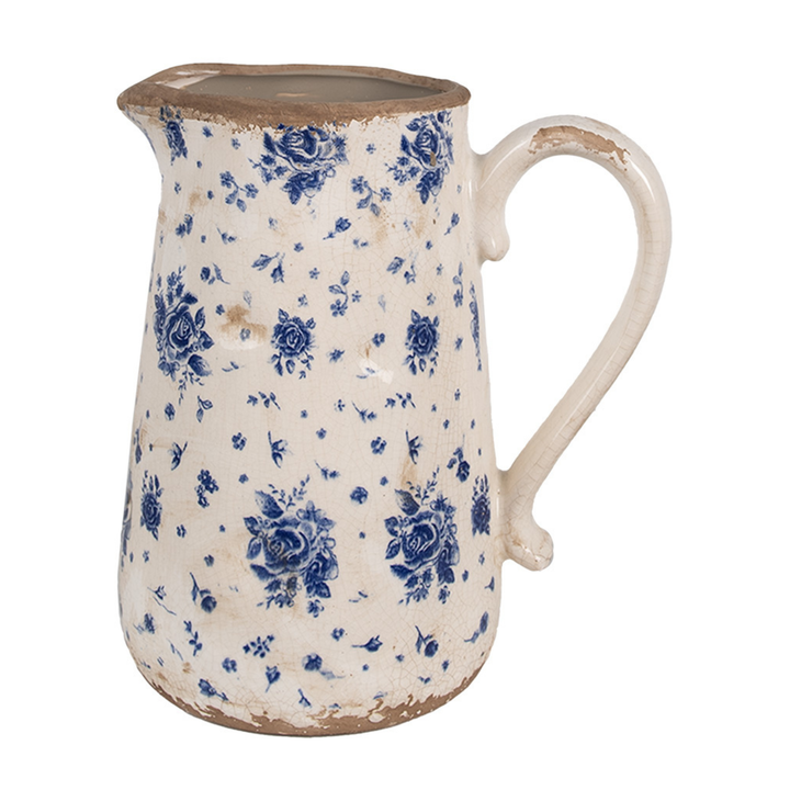 Clayre & Eef Kanne mit Rosenmotiv Blau Beige Keramik Landhausstil Frontansicht