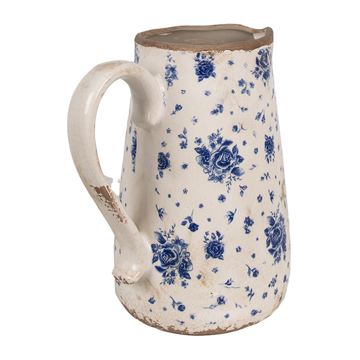 Clayre & Eef Blumenkrug Blau Beige mit Rosenmotiv Keramik Rückansicht Griff links