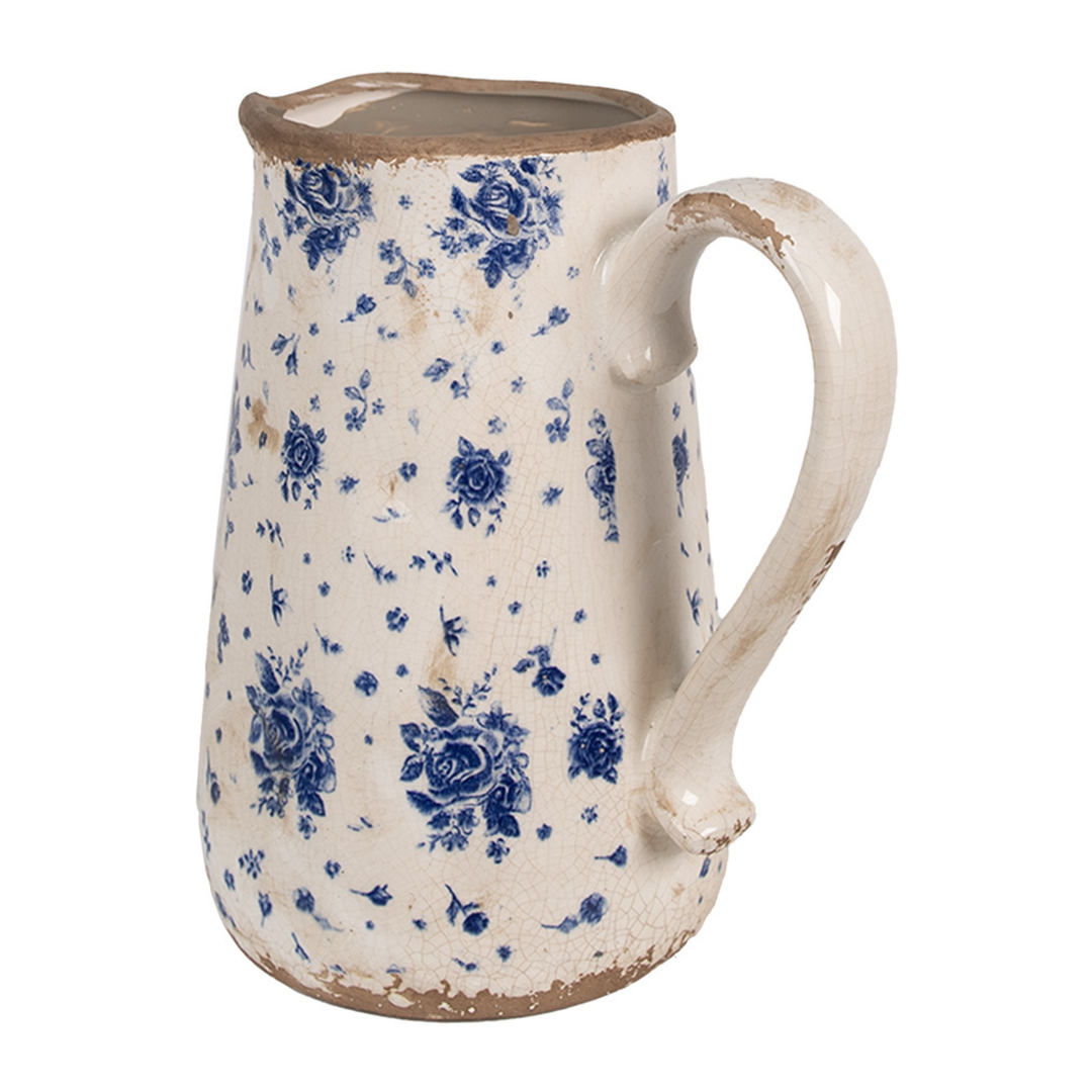 Clayre & Eef dekorative Kanne Rosenmotiv Blau Beige Keramik seitliche Ansicht mit Griff