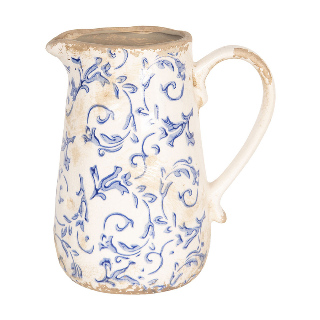 Clayre & Eef Kanne Weiß Blau mit Blättermotiv Keramik Landhausstil Frontansicht