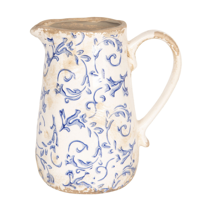 Clayre & Eef Kanne Weiß Blau mit Blättermotiv Keramik Landhausstil Frontansicht
