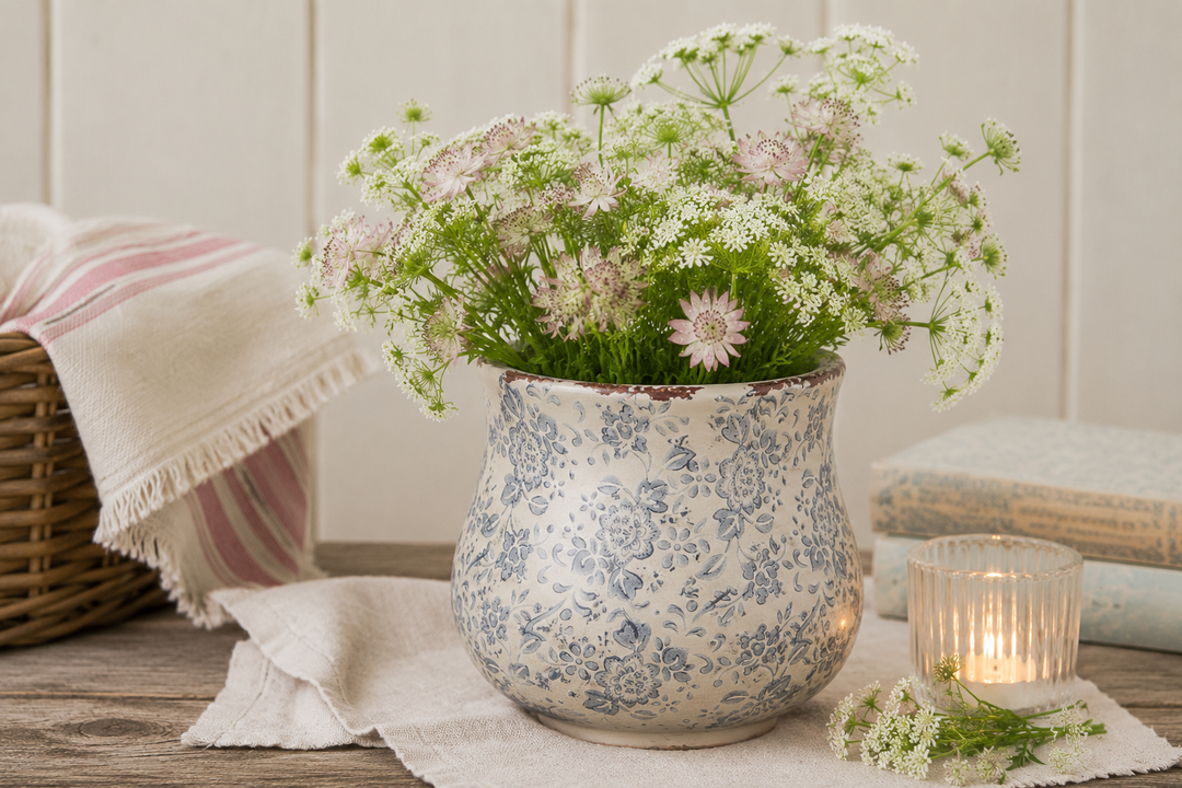 Shabby Chic Blumentopf von Clayre & Eef mit blauem Blumenmuster als sommerliche Gartendekoration im Landhausstil