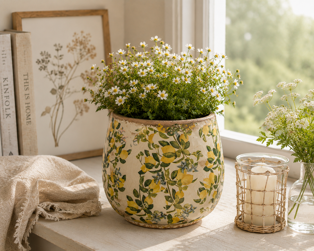 Clayre & Eef Vase mit Zitronenmotiv auf heller Fensterbank im skandinavischen Landhausstil mit weißen Blumen und natürlicher Sommerdekoration.