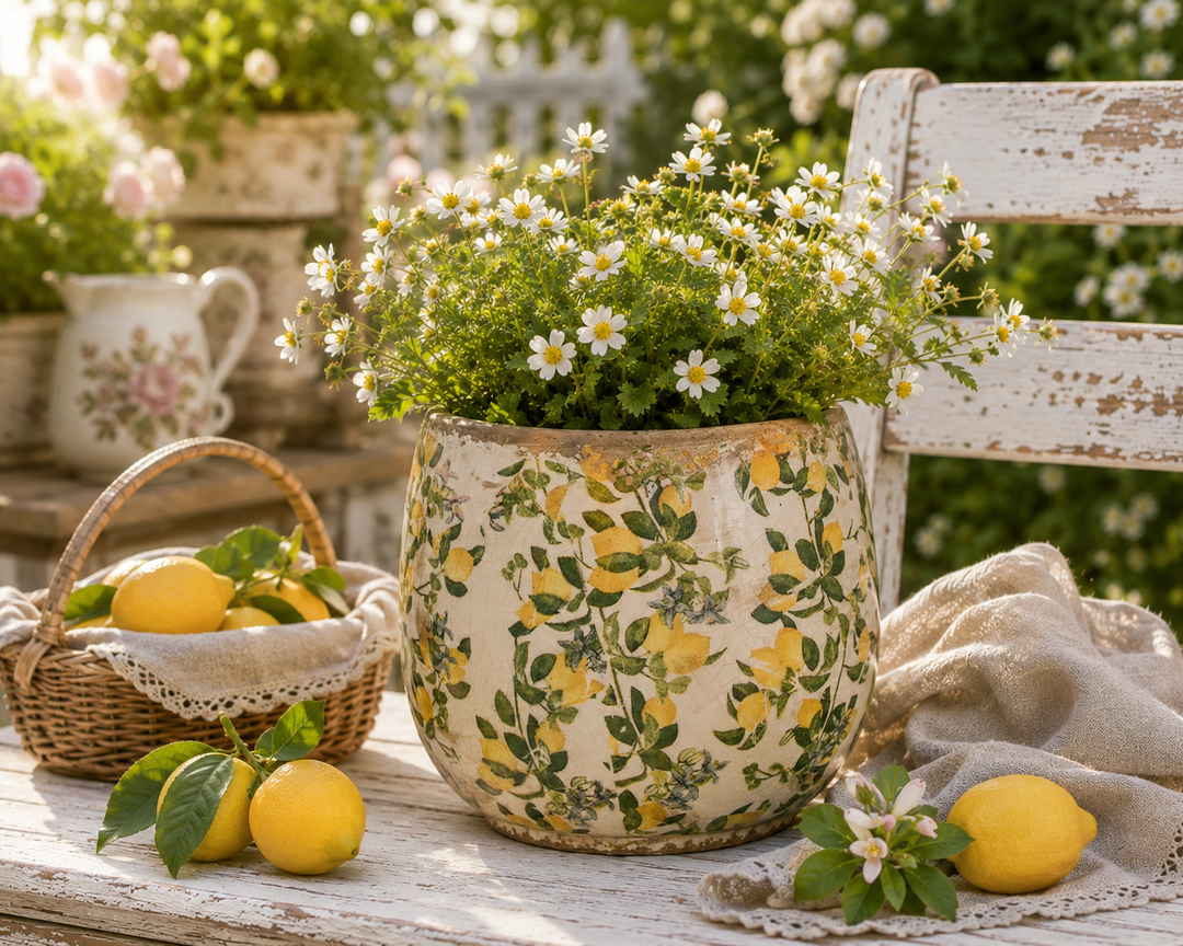 Clayre & Eef Vase mit Zitronenmotiv im romantischen Landhausgarten mit weißen Blumen, Zitronen und sommerlicher Vintage-Dekoration.