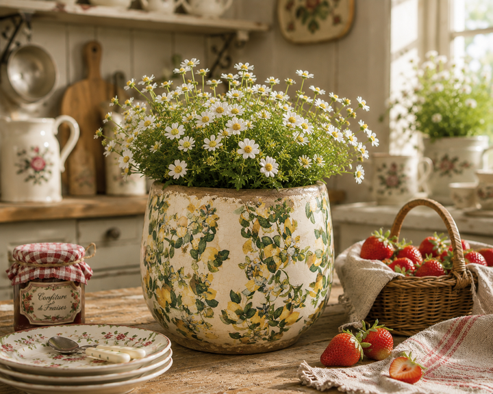 Clayre & Eef Vase mit Zitronenmotiv in romantischer Vintage-Küche mit weißen Blüten, Erdbeeren und sommerlicher Landhausdekoration.