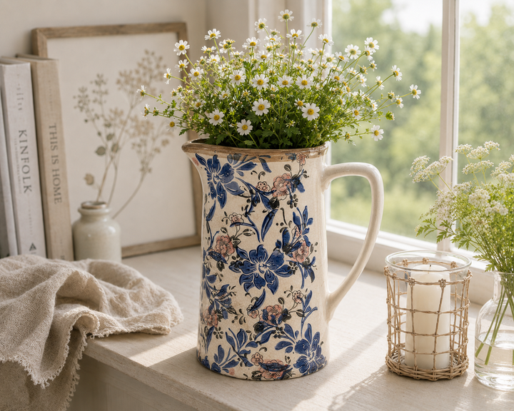 Dekorative Clayre & Eef Vintage Kanne in Blau Weiß mit floralem Muster und frischen Blumen im Shabby Chic Landhausstil
