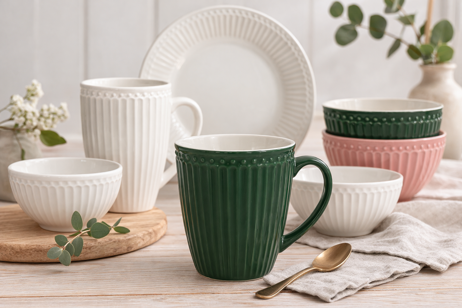 Greengate Alice Geschirrserie Stillleben mit Henkeltasse in Kieferngrün sowie Teller und Schüsseln auf hellem Holztisch im skandinavischen Landhausstil