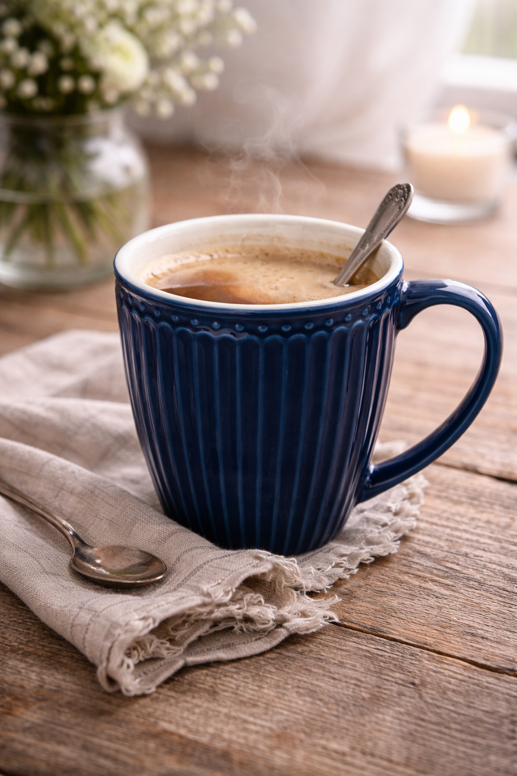GreenGate Alice Henkeltasse dunkelblau mit Kaffee hyggelige Szene Holztisch Leinenserviette