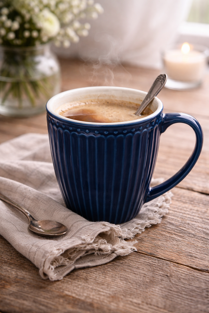 GreenGate Alice Henkeltasse dunkelblau mit Kaffee hyggelige Szene Holztisch Leinenserviette