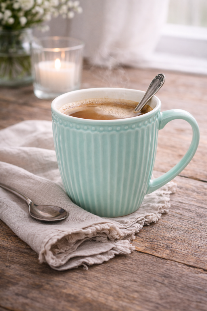 GreenGate Alice Henkeltasse kühle Minze mit Kaffee hyggelige Szene Holztisch Leinenserviette