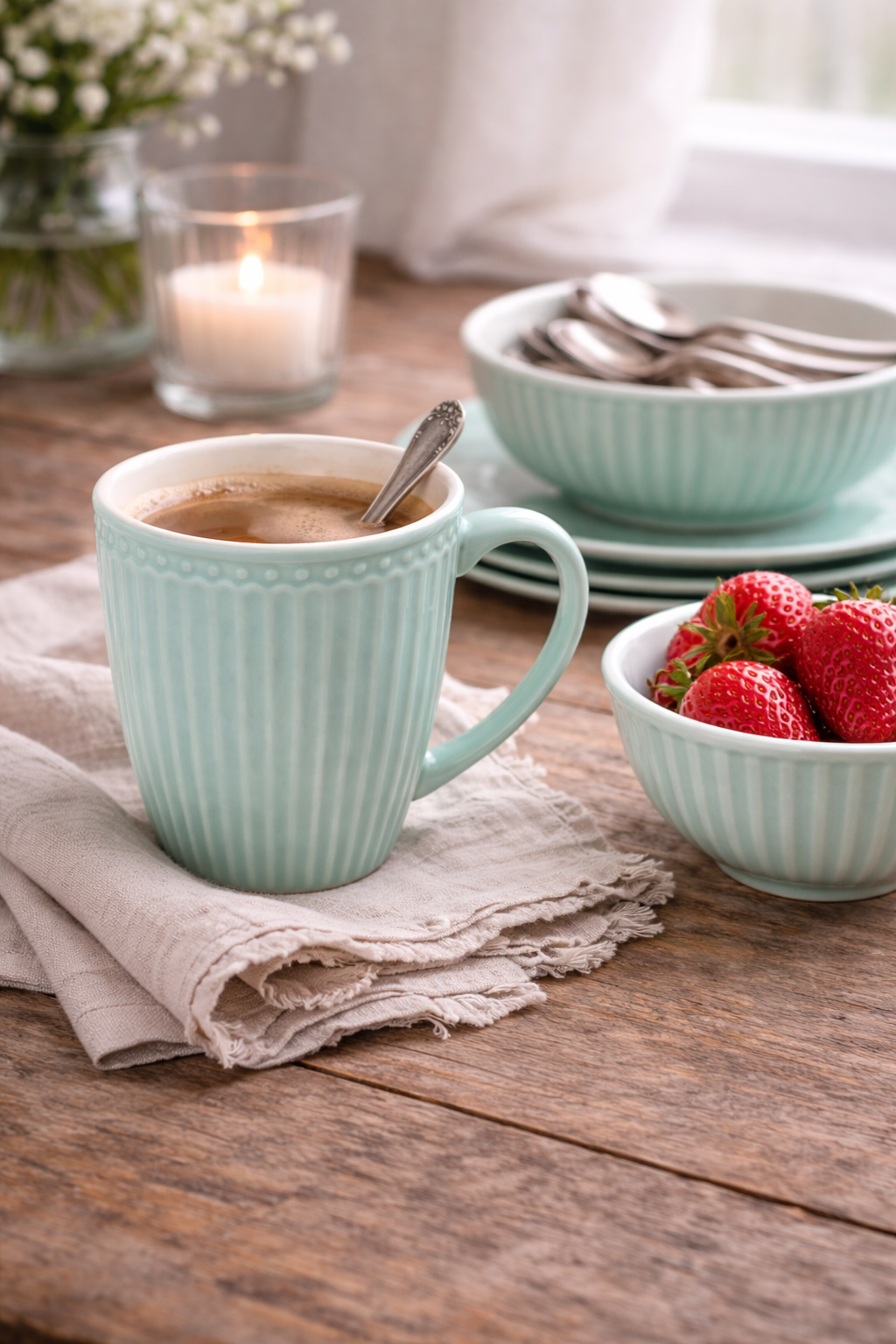 GreenGate Alice Henkeltasse kühle Minze mit Schale und Erdbeeren skandinavisches Geschirr