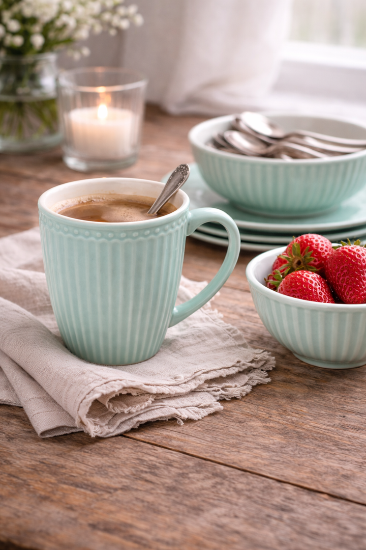 GreenGate Alice Henkeltasse kühle Minze mit Schale und Erdbeeren skandinavisches Geschirr