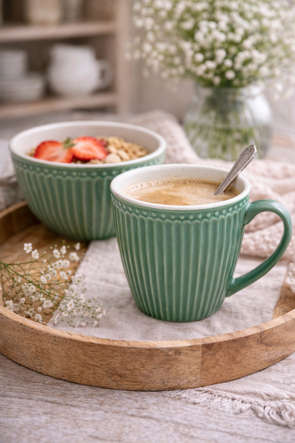 GreenGate Henkeltasse Alice Staubgrün kombiniert mit Schale auf Tablett Landhaus Stil