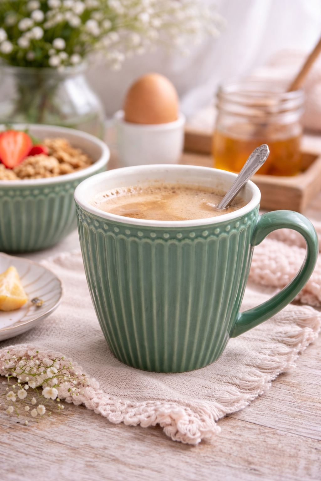 GreenGate Henkeltasse Alice Staubgrün mit Kaffee Frühstück Szene skandinavisches Geschirr