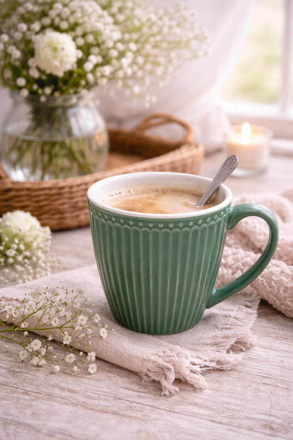 GreenGate Henkeltasse Alice Staubgrün Hygge Stimmung Fensterlicht Blumen Landhaus